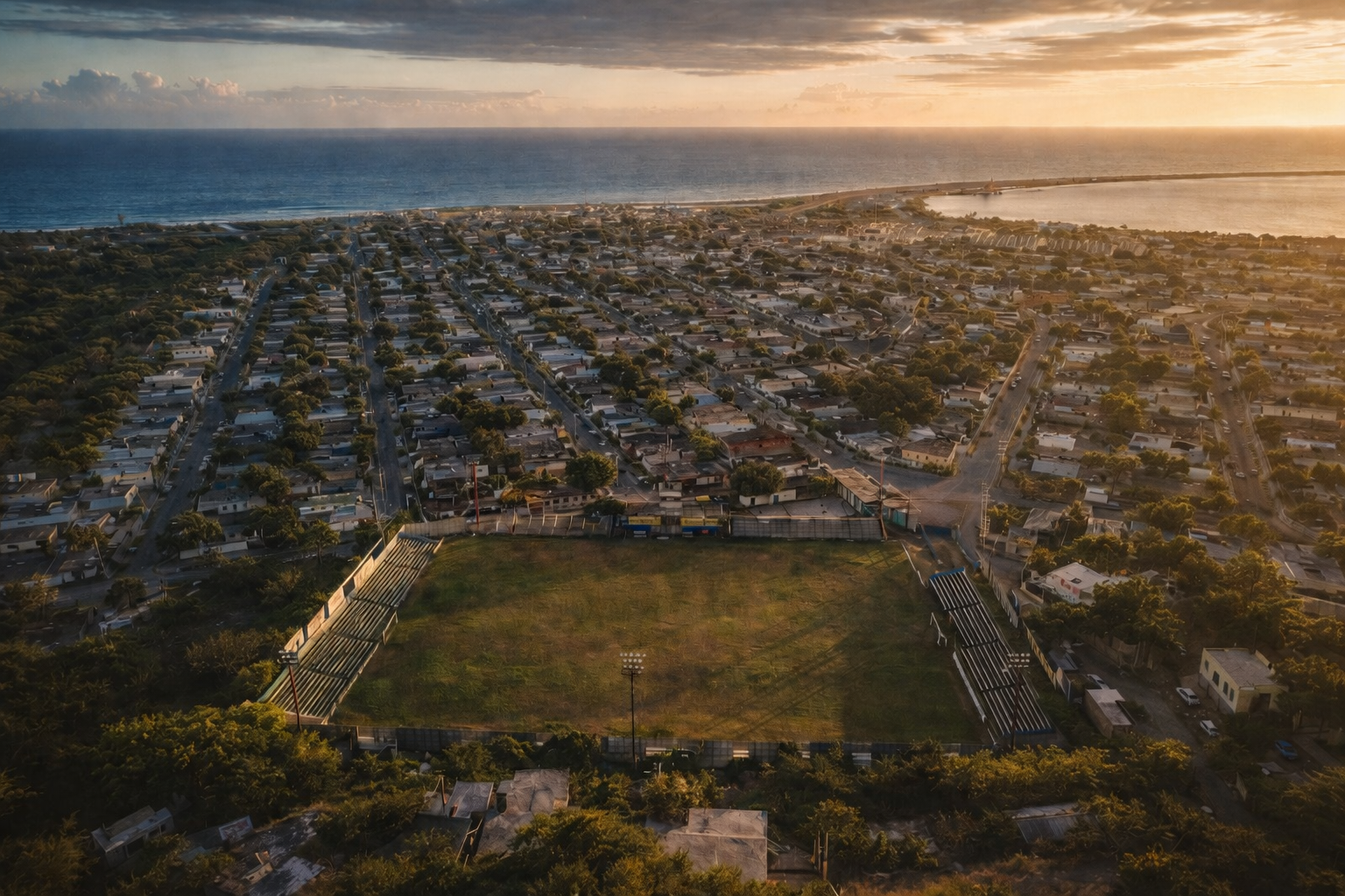 Aerial view of Harbour View, Kingston Jamaica at golden hour
